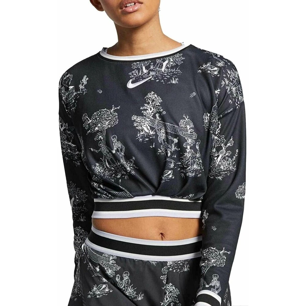 NIKE Court Tennis Crop Top Black PARIS Collection Skeleton Print LS Womens Sz L